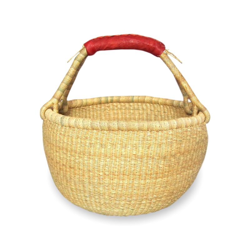 Natural Round Bolga Basket with Leather Handle - Medium