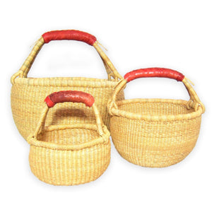 Natural Round Bolga Basket with Leather Handle - Large