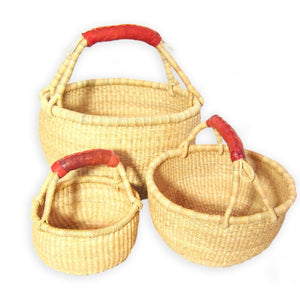 Natural Round Bolga Basket with Leather Handle - Medium