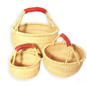 Natural Round Bolga Basket with Leather Handle - Small