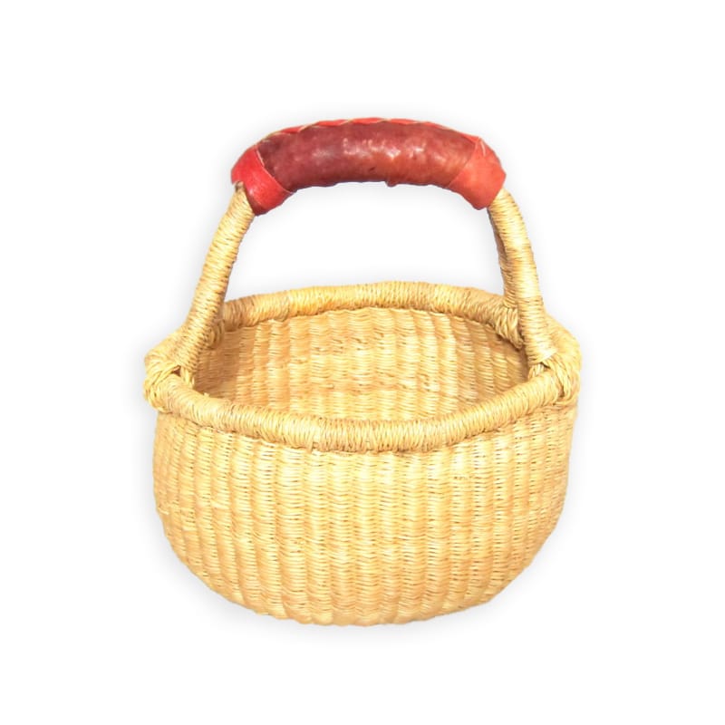 Natural Round Bolga Basket with Leather Handle - Small