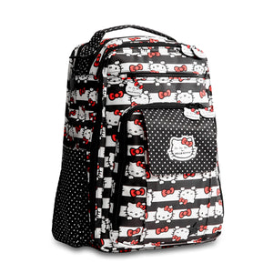 JuJuBe Be Right Back Backpack Diaper Bag in Hello Kitty Dots and Stripers Front Sideway View