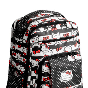 JuJuBe Be Right Back Backpack Diaper Bag in Hello Kitty Dots and Stripers Front Sideway Zoom View