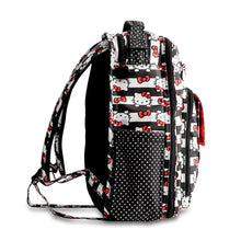 Load image into Gallery viewer, JuJuBe Be Right Back Backpack Diaper Bag in Hello Kitty Dots and Stripers Side View