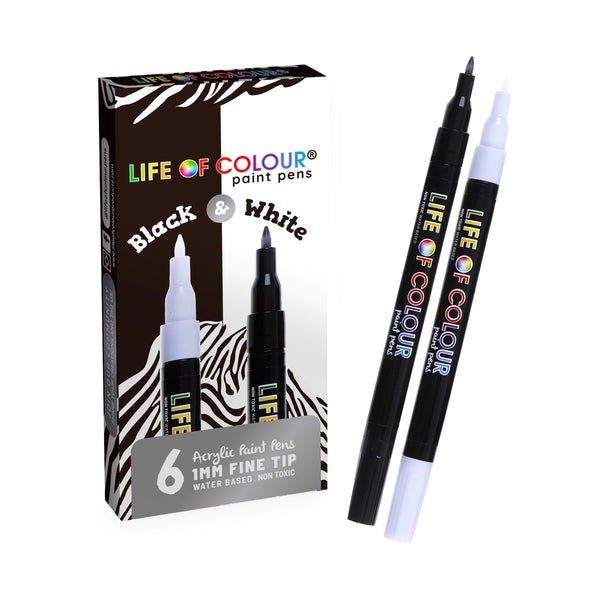Black and White 1mm Fine Tip Acrylic Paint Pens – Set of 6